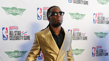 Feb 14, 2025; Oakland, California, USA; Kai Cenat before the celebrity game ahead of the 2025 NBA All Star Game at Oakland Arena. Mandatory Credit: Darren Yamashita-Imagn Images