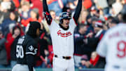 Apr 8, 2025; Cleveland, Ohio, USA; Cleveland Guardians right fielder Nolan Jones (22) reacts after walking to win the game during the ninth inning against the Chicago White Sox at Progressive Field. Mandatory Credit: Ken Blaze-Imagn Images