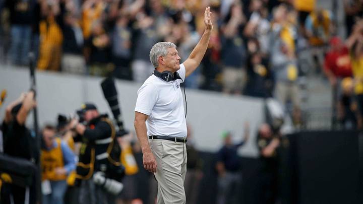 Iowa head football coach Kirk Ferentz waves to the Stead Family Children's Hospital during the first quarter wave against Iowa State on Saturday, Sept. 9, 2018, at Kinnick Stadium in Iowa City.

180909 Cyhawk
