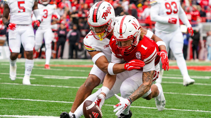 Nebraska Cornhuskers wide receiver Billy Kemp IV (1) against Maryland Terrapins defensive back Beau Brade (2) during the third quarter at Memorial Stadium. 