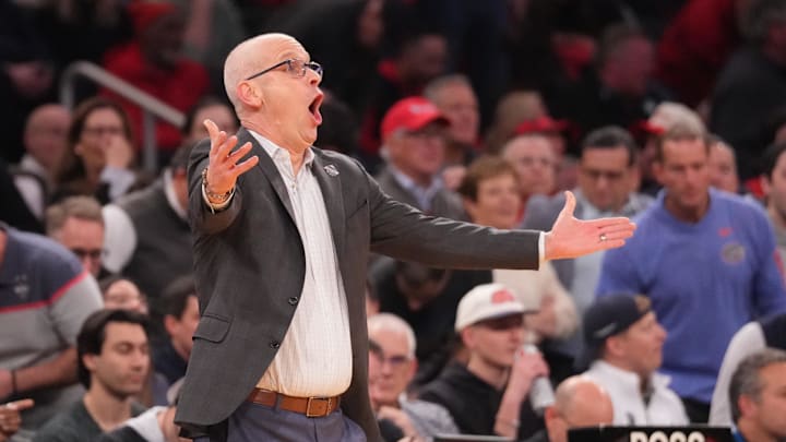 Mar 14, 2026; New York, NY, USA; Connecticut Huskies head coach Dan Hurley reacts on the bench against the St. John's Red Storm during the first half of the men's Big East Conference Tournament Championship at Madison Square Garden. Mar 14, 2026; New York, NY, USA; Connecticut Huskies head coach Dan Hurley reacts on the bench against the St. John's Red Storm during the first half of the men's Big East Conference Tournament Championship at Madison Square Garden.