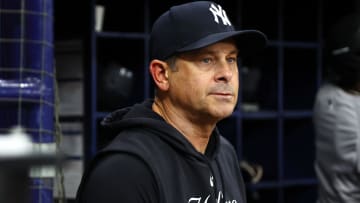 Jul 9, 2024; St. Petersburg, Florida, USA; New York Yankees manager Aaron Boone (17) looks on against the Tampa Bay Rays during the seventh inning at Tropicana Field. Mandatory Credit: Kim Klement Neitzel-USA TODAY Sports