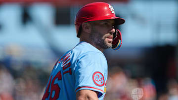 Sep 28, 2024; San Francisco, California, USA; St. Louis Cardinals infielder Paul Goldschmidt (46) takes a lead from third base against the San Francisco Giants during the third inning at Oracle Park. Mandatory Credit: Robert Edwards-Imagn Images