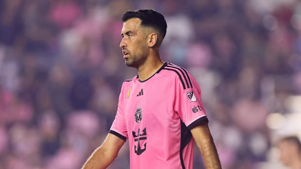 Inter Miami CF midfielder Sergio Busquets (5) looks on against Philadelphia Union during the first half at Chase Stadium.