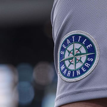 Jun 5, 2022; Arlington, Texas, USA; A view of the Seattle Mariners logo during the game between the Texas Rangers and the Seattle Mariners at Globe Life Field. Mandatory Credit: Jerome Miron-Imagn Images