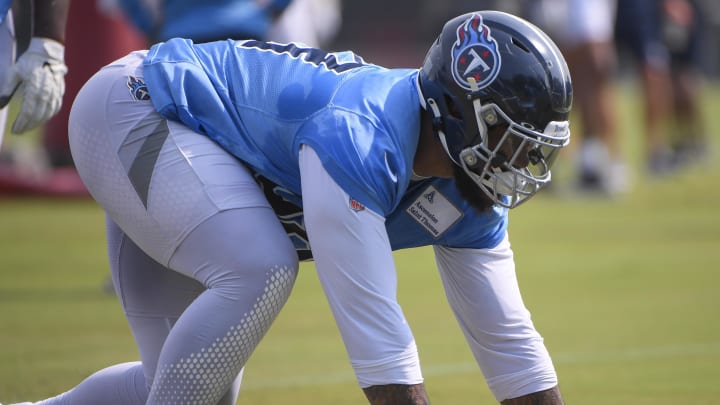 Jul 29, 2021; Nashville, TN, United States; Tennessee Titans defensive tackle Jeffery Simmons (98) lines up during training camp at Saint Thomas Sports Park. Mandatory Credit: Steve Roberts-USA TODAY Sports