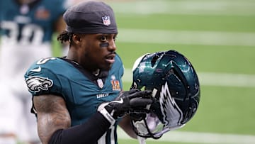 Former  Philadelphia Eagles safety C.J. Gardner-Johnson (8) walks on the field during warmups before Super Bowl LIX between the Philadelphia Eagles and the Kansas City Chiefs at Caesars Superdome.
