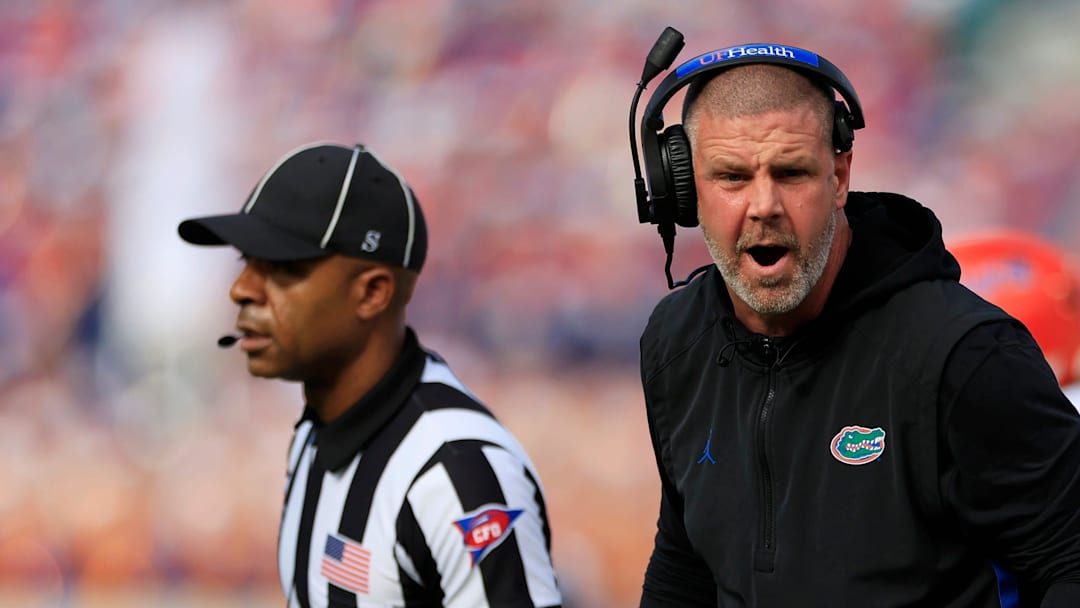 Florida Gators head coach Billy Napier argues with officials during the first quarter of an NCAA college football matchup Saturday, Nov. 2, 2024 at EverBank Stadium in Jacksonville, Fla. The Georgia Bulldogs defeated the Florida Gators 34-20. [Corey Perrine/Florida Times-Union]