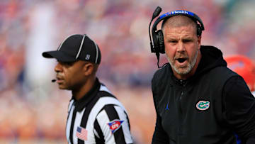 Florida Gators head coach Billy Napier argues with officials during the first quarter of an NCAA college football matchup Saturday, Nov. 2, 2024 at EverBank Stadium in Jacksonville, Fla. The Georgia Bulldogs defeated the Florida Gators 34-20. [Corey Perrine/Florida Times-Union]