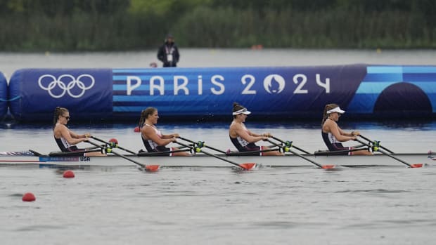 Grace Joyce, Emily Delleman, Teal Cohen and Lauren O'Connor (USA) compete in women's quadruple sculls rowing 