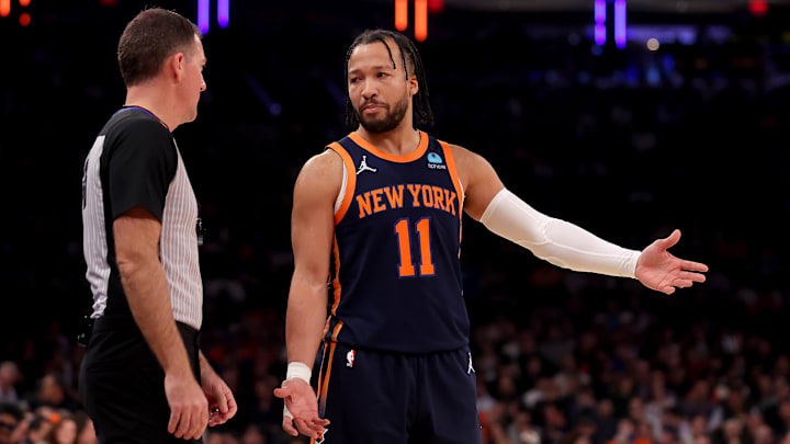 Jan 30, 2024; New York, New York, USA; New York Knicks guard Jalen Brunson (11) talks to referee Brent Barnaky (36) during the first quarter against the Utah Jazz at Madison Square Garden. Mandatory Credit: Brad Penner-Imagn Images