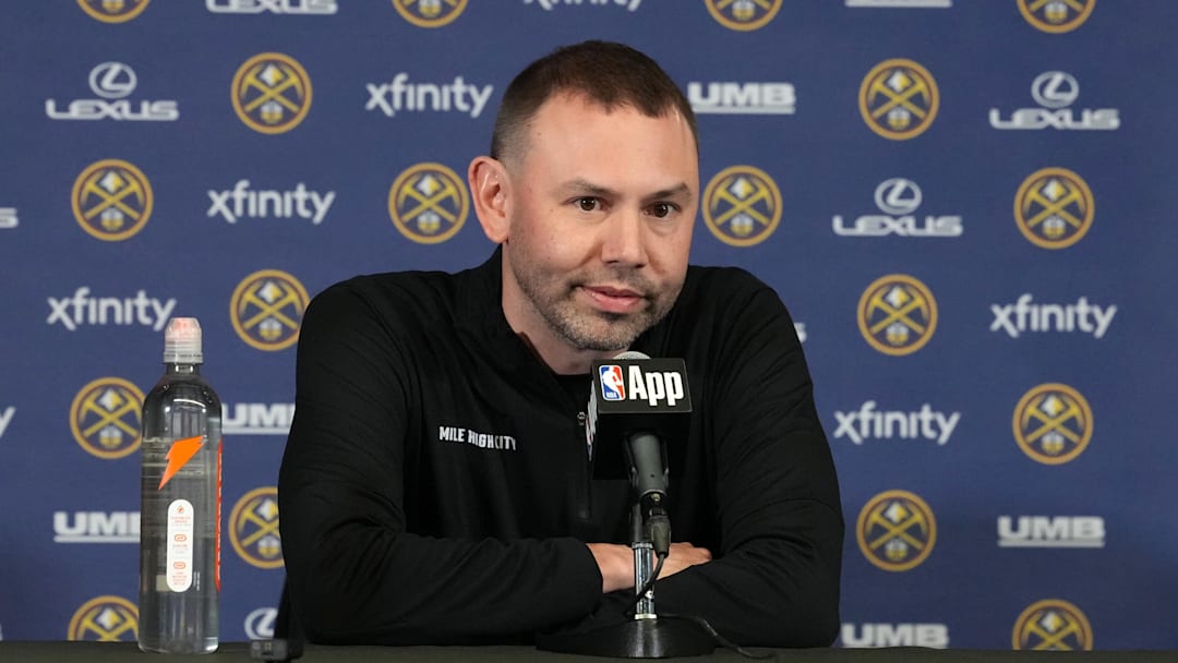 Feb 19, 2026; Inglewood, California, USA; Denver Nuggets head coach David Adelman at press conference at the Intuit Dome. Mandatory Credit: Kirby Lee-Imagn Images