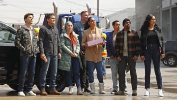 9-1-1: LONE STAR: L-R: Ronen Rubinstein, Rob Lowe, Natacha Karam, Jim Parrack, Gina Torres, Julian Works, Brian Michael Smith and Brianna Baker in the “Push” episode of 9-1-1: LONE STAR airing Monday, Jan. 31 (8:00-9:01 PM ET/PT) on FOX. © 2022 Fox Media LLC. CR: Jordin Althaus/FOX.