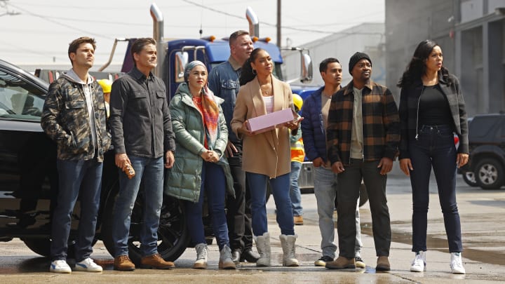 9-1-1: LONE STAR: L-R: Ronen Rubinstein, Rob Lowe, Natacha Karam, Jim Parrack, Gina Torres, Julian Works, Brian Michael Smith and Brianna Baker in the “Push” episode of 9-1-1: LONE STAR airing Monday, Jan. 31 (8:00-9:01 PM ET/PT) on FOX. © 2022 Fox Media LLC. CR: Jordin Althaus/FOX.