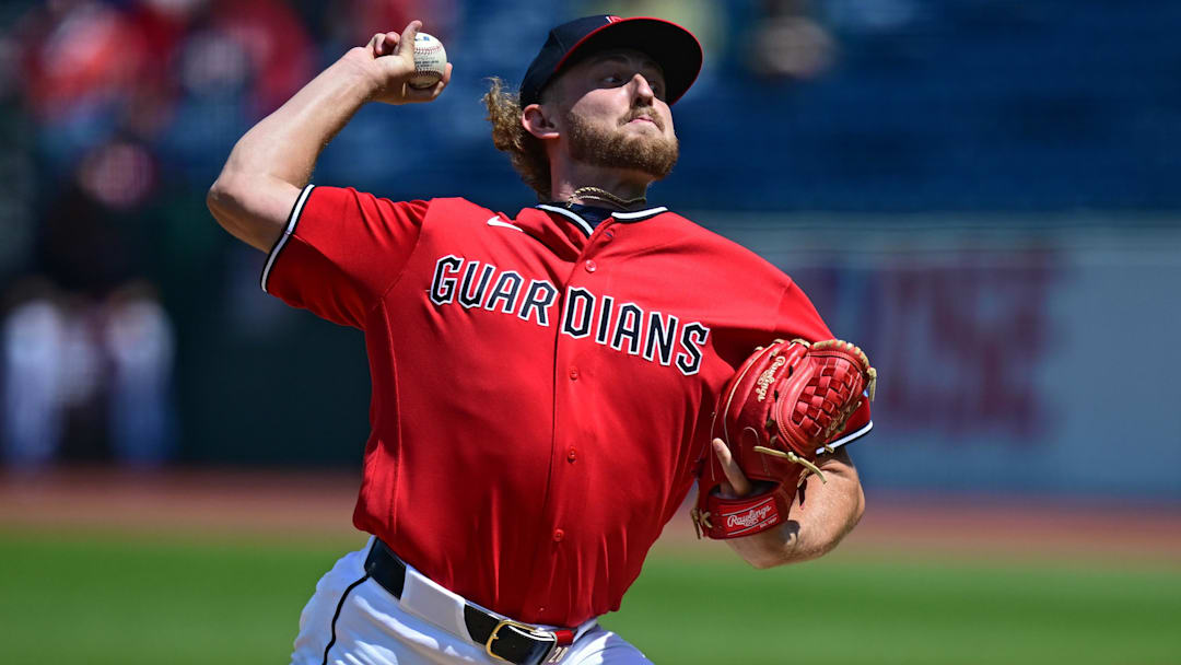 Apr 22, 2026; Cleveland, Ohio, USA; Cleveland Guardians starting pitcher Tanner Bibee (28) throws a pitch during the first inning against the Houston Astros at Progressive Field. Mandatory Credit: David Dermer-Imagn Images