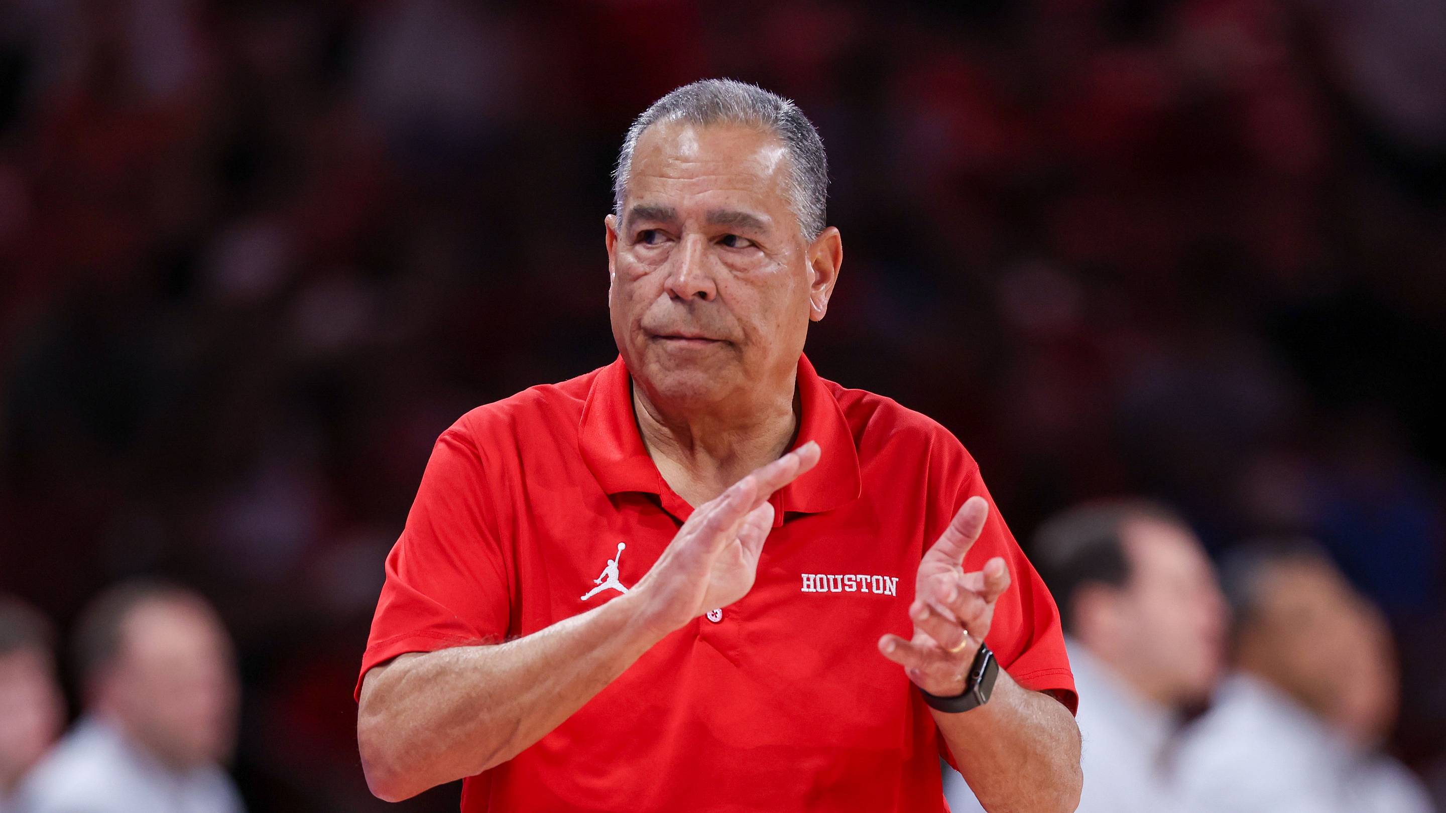 Mar 4, 2026; Houston, Texas, USA; Houston Cougars head coach Kelvin Sampson claps his hand while the Cougars play against the Baylor Bears in the second half at Fertitta Center. Mandatory Credit: Thomas Shea-Imagn Images | IMAGN IMAGES via Reuters Connect