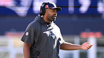 Oct 27, 2024; Foxborough, Massachusetts, USA; New England Patriots head coach Jerod Mayo calls a play against the New York Jets during the first half at Gillette Stadium. Mandatory Credit: Brian Fluharty-Imagn Images