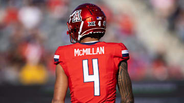 Nov 30, 2024; Tucson, Arizona, USA; Detailed view of the jersey of Arizona Wildcats wide receiver Tetairoa McMillan (4) against the Arizona State Sun Devils during the Territorial Cup at Arizona Stadium. Mandatory Credit: Mark J. Rebilas-Imagn Images