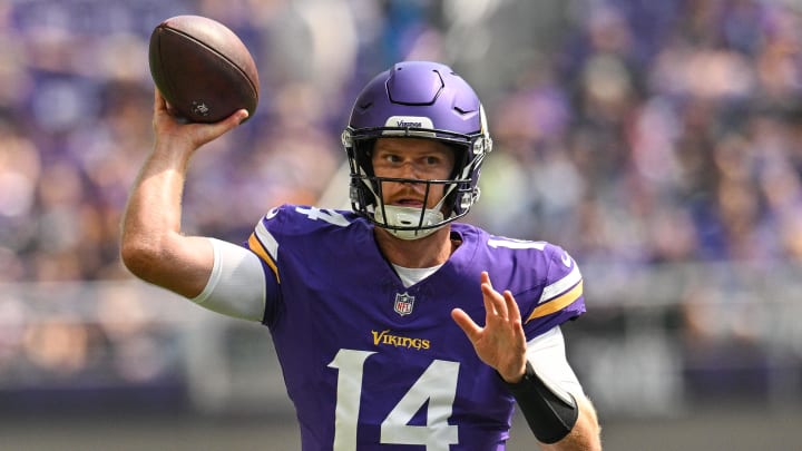 Vikings quarterback Sam Darnold throws a pass against the Las Vegas Raiders.