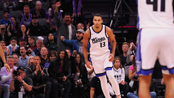 Mar 19, 2025; Sacramento, California, USA; Sacramento Kings forward Keegan Murray (13) after a basket against the Cleveland Cavaliers during the fourth quarter at Golden 1 Center. Mandatory Credit: Kelley L Cox-Imagn Images