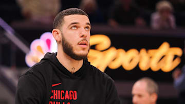 Jan 23, 2025; San Francisco, California, USA; Chicago Bulls guard Lonzo Ball (2) warms up before the game against the Golden State Warriors at Chase Center. Mandatory Credit: Kelley L Cox-Imagn Images