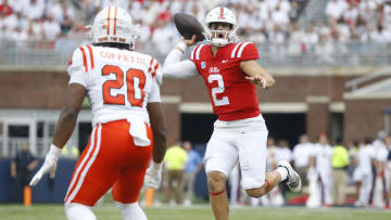 Sep 2, 2023; Oxford, Mississippi, USA; Mississippi Rebels quarterback Jaxson Dart (2) fakes a pass during the first half against the Mercer Bears at Vaught-Hemingway Stadium. Mandatory Credit: Petre Thomas-USA TODAY Sports