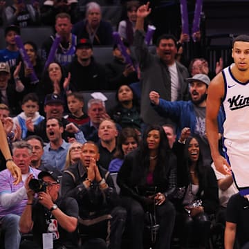 Mar 19, 2025; Sacramento, California, USA; Sacramento Kings forward Keegan Murray (13) after a basket against the Cleveland Cavaliers during the fourth quarter at Golden 1 Center. Mandatory Credit: Kelley L Cox-Imagn Images