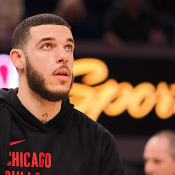 Jan 23, 2025; San Francisco, California, USA; Chicago Bulls guard Lonzo Ball (2) warms up before the game against the Golden State Warriors at Chase Center. Mandatory Credit: Kelley L Cox-Imagn Images