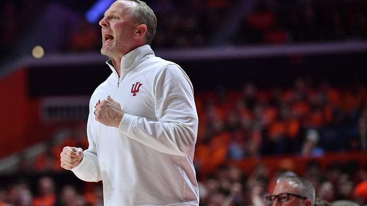 Feb 15, 2026; Champaign, Illinois, USA;  Indiana Hoosiers head coach Darian DeVries reacts during the second half against the Illinois Fighting Illini at State Farm Center. Mandatory Credit: Ron Johnson-Imagn Images