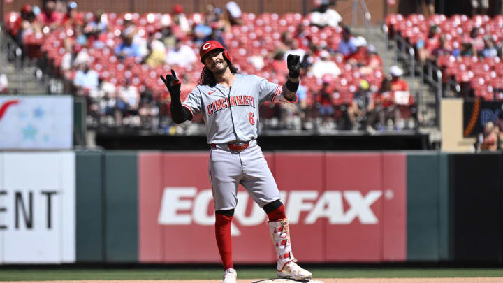 Cincinnati Reds second baseman Jonathan India (6) reacts after hitting an RBI double against the St. Louis Cardinals during the seventh inning at Busch Stadium on June 29.