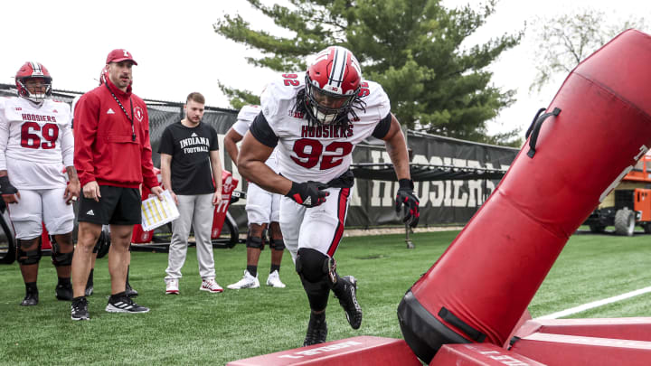 Indiana defensive tackle Marcus Burris Jr. goes through a drill during spring practice.