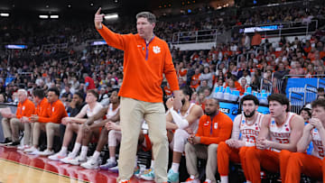 Mar 20, 2025; Providence, RI, USA; Clemson Tigers head coach Brad Brownell reacts during the second half against the McNeese State Cowboys at Amica Mutual Pavilion. Mandatory Credit: Gregory Fisher-Imagn Images