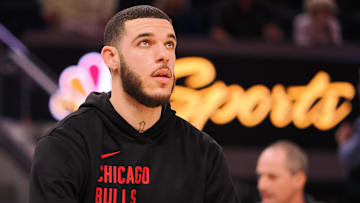 Jan 23, 2025; San Francisco, California, USA; Chicago Bulls guard Lonzo Ball (2) warms up before the game against the Golden State Warriors at Chase Center. Mandatory Credit: Kelley L Cox-Imagn Images