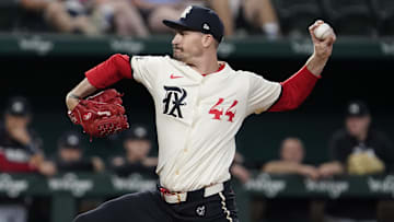 Texas Rangers pitcher Andrew Heaney (44) throws to the plate during the first inning against the Minnesota Twins at Globe Life Field. 
