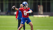 May 10, 2025; East Rutherford, NJ, USA; New York Giants quarterback Jaxson Dart (6) participates in a drill during rookie minicamp at Quest Diagnostics Training Center.  