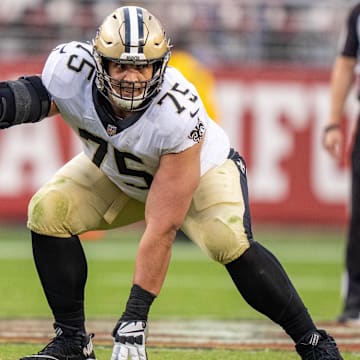 November 27, 2022; Santa Clara, California, USA; New Orleans Saints guard Andrus Peat (75) during the fourth quarter against the San Francisco 49ers at Levi's Stadium. Mandatory Credit: Kyle Terada-Imagn Images