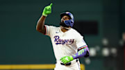 Texas Rangers right fielder Adolis Garcia (53) reacts after hitting a three-run home run during the first inning against the Los Angeles Angels at Globe Life Field. 