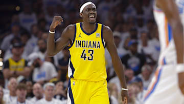 Jun 5, 2025; Oklahoma City, Oklahoma, USA; Indiana Pacers forward Pascal Siakam (43) celebrates during the first quarter against the Oklahoma City Thunder during game one of the 2025 NBA Finals at Paycom Center. Mandatory Credit: Alonzo Adams-Imagn Images