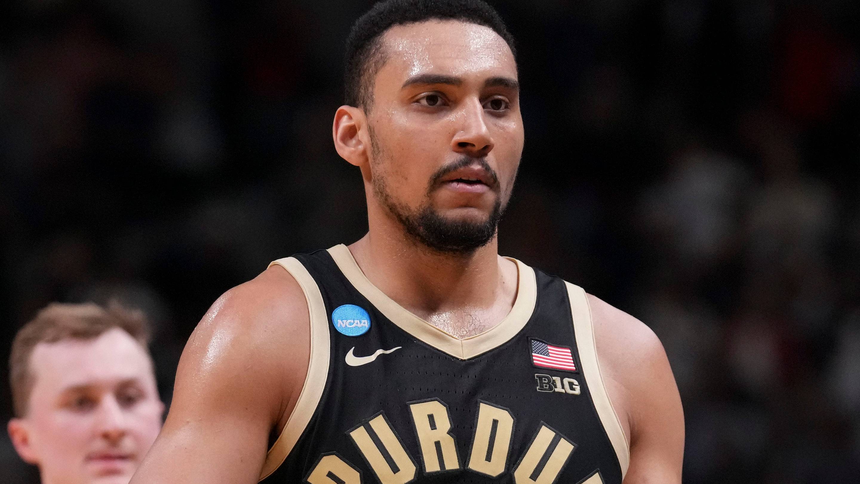 Purdue Boilermakers forward Trey Kaufman-Renn (4) leaves the court as the seconds count down in a NCAA Tournament game against the Arizona Wildcats on Saturday, March 28, 2026 at SAP Center in San Jose, Calif. Purdue fell to Arizona 79-64. | USA TODAY Network via Reuters Connect