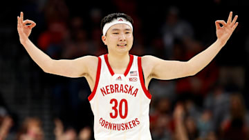 Keisei Tominaga #30 of the Nebraska Cornhuskers celebrates against the Indiana Hoosiers in the first half at Target Center in the Quarterfinals of the Big Ten Tournament on March 15, 2024 in Minneapolis, Minnesota.