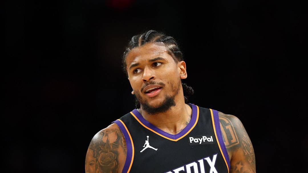 Apr 14, 2026; Phoenix, Arizona, USA; Phoenix Suns guard Jalen Green (4) against the Portland Trail Blazers during the play-in rounds of the 2026 NBA Playoffs at Mortgage Matchup Center. Mandatory Credit: Mark J. Rebilas-Imagn Images