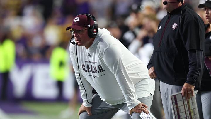 Oct 25, 2025; Baton Rouge, Louisiana, USA; Texas A&M Aggies head coach Mike Elko during the first half against the Louisiana State Tigers at Tiger Stadium. Mandatory Credit: Stephen Lew-Imagn Images