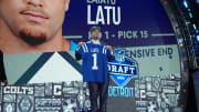 Apr 25, 2024; Detroit, MI, USA; UCLA Bruins defensive lineman Laiatu Latu poses after being selected by the Indianapolis Colts as the No. 15 pick in the first round of the 2024 NFL Draft at Campus Martius Park and Hart Plaza. Mandatory Credit: Kirby Lee-USA TODAY Sports