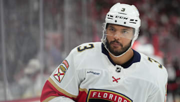 May 28, 2025; Raleigh, North Carolina, USA; Florida Panthers defenseman Seth Jones (3) skates  during the first period against the Carolina Hurricanes in game five of the Eastern Conference Final of the 2025 Stanley Cup Playoffs at Lenovo Center. Mandatory Credit: James Guillory-Imagn Images