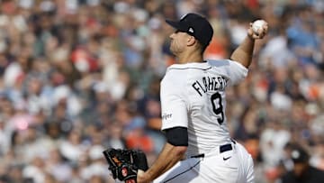 May 10, 2025; Detroit, Michigan, USA;  Detroit Tigers starting pitcher Jack Flaherty (9) pitches in the first inning against the Texas Rangers at Comerica Park.