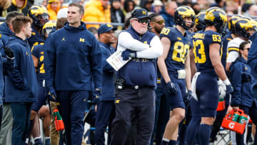 Blue Team head coach Wink Martindale watches a play during the spring game at Michigan Stadium in Ann Arbor on Saturday, April 20, 2024.