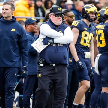 Blue Team head coach Wink Martindale watches a play during the spring game at Michigan Stadium in Ann Arbor on Saturday, April 20, 2024.