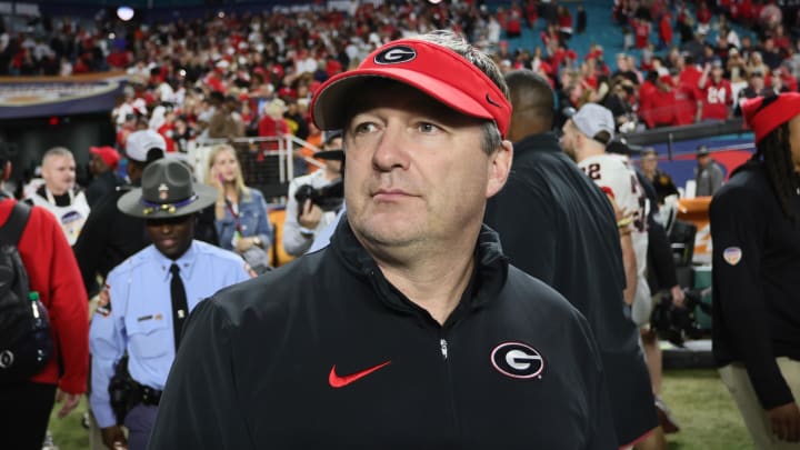 Dec 30, 2023; Miami Gardens, FL, USA; rGeorgia Bulldogs head coach Kirby Smart reacts after the 2023 Orange Bowl at Hard Rock Stadium. Mandatory Credit: Sam Navarro-USA TODAY Sports