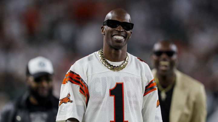 Sep 25, 2023; Cincinnati, Ohio, USA; Former Cincinnati Bengals player, Chad Johnson, walks on the field during warmups before the game against the Los Angeles Rams at Paycor Stadium. Mandatory Credit: Katie Stratman-USA TODAY Sports