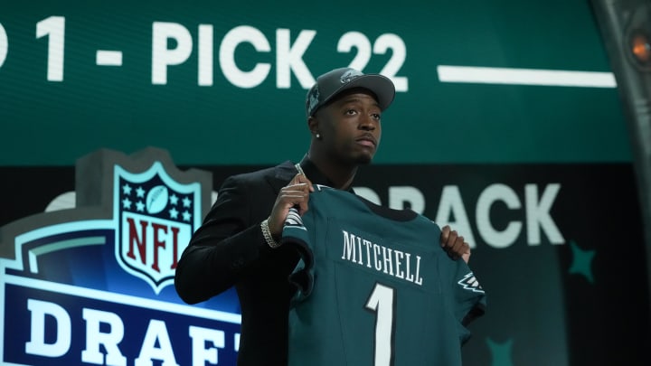 Apr 25, 2024; Detroit, MI, USA; Toledo Rockets cornerback Quinyon Mitchell poses after being selected by the Philadelphia Eagles as the No. 22 pick in the first round of the 2024 NFL Draft at Campus Martius Park and Hart Plaza. Mandatory Credit: Kirby Lee-USA TODAY Sports